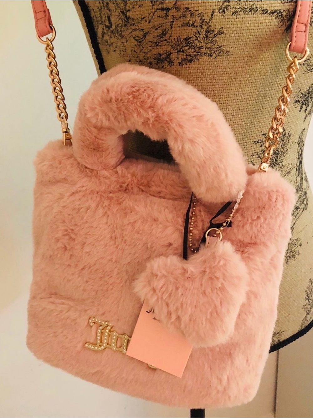 Juicy couture Plush Faux Fur Pink Tote Bag with Heart Charm